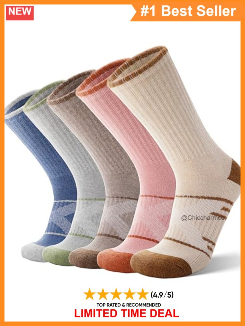 Merino Wool Blend Crew Hiking Boot Work Socks 5 Pairs Moisture Control